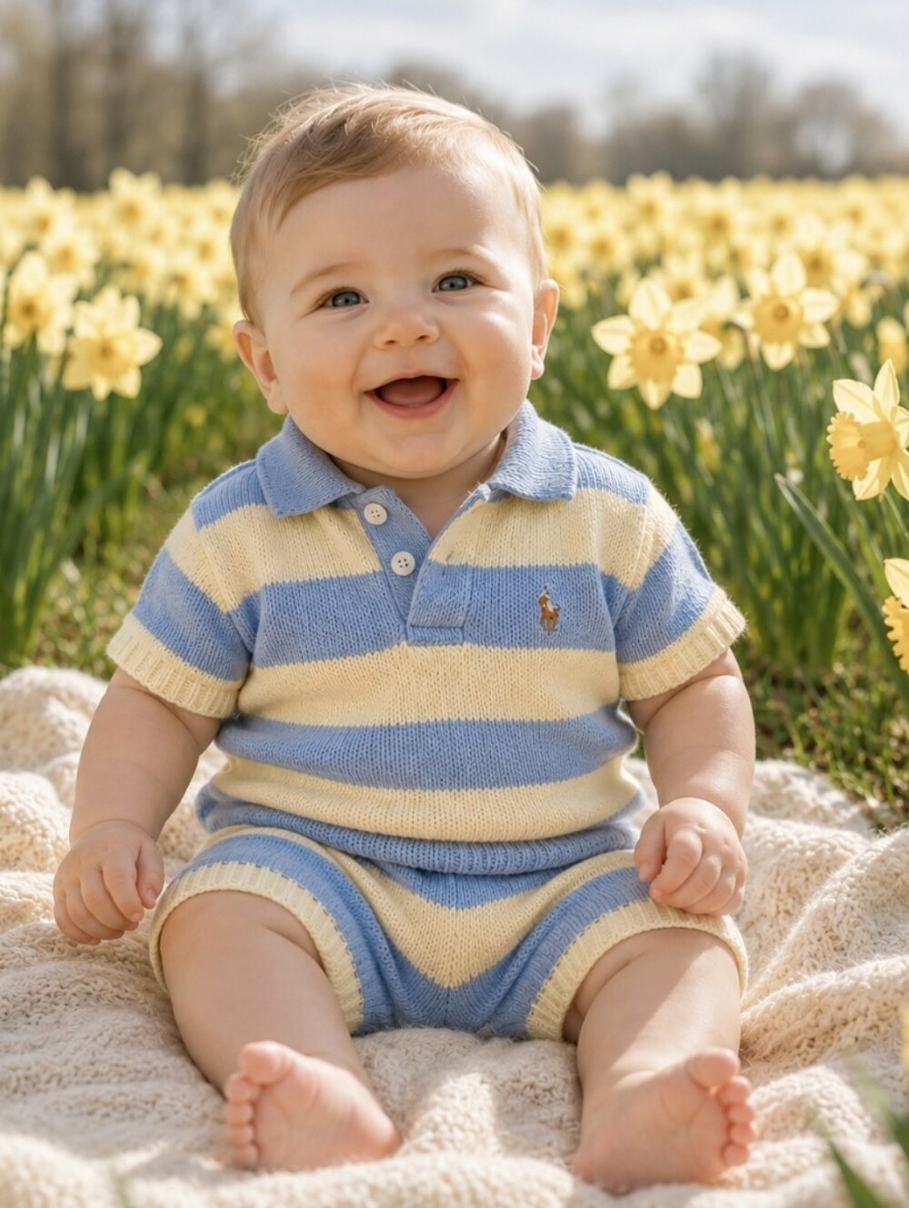 Ralph Lauren Baby Blue & Butter Yellow Striped Knit Polo Set | 9M